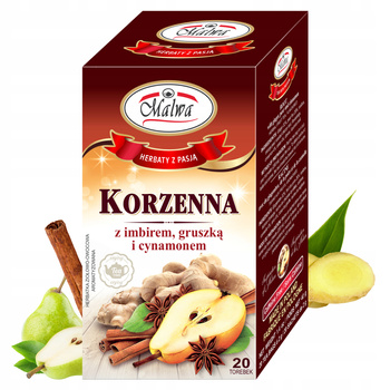Herbata owocowa ekspresowa korzenna z imbirem, gruszką i cynamonem sunny garden Malwa Tea 20 kopert 40g