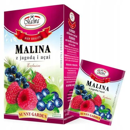 Herbata owocowa ekspresowa malina z jagodą i acai sunny garden Malwa Tea 20 kopert 40g