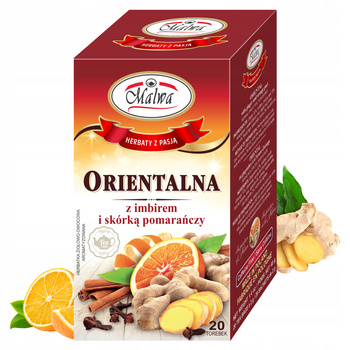 Herbata owocowa ekspresowa orientalna z imbirem i skórką pomarańczy sunny garden Malwa Tea 20 kopert 40g